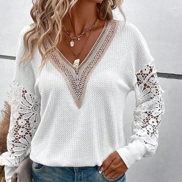 . Tops - White Preppy Womens Guipure Lace Insert Drop Shoulder Sweatshirt